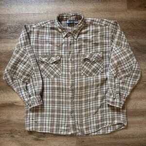 Raw Edge Casual Button Down Mens XL Beige Plaid Rugged Flannel Shacket